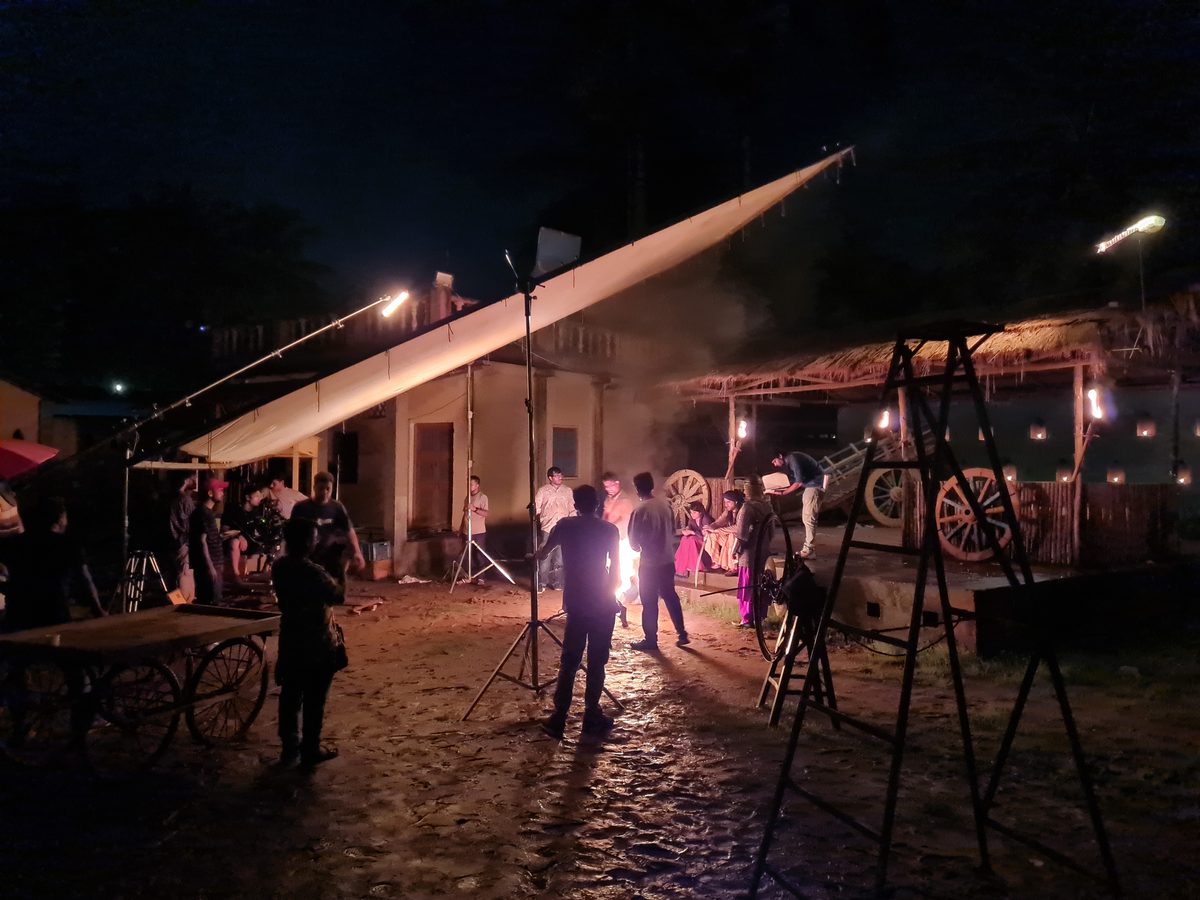 Night shoot with fire and lighting rig on the set of Nayki